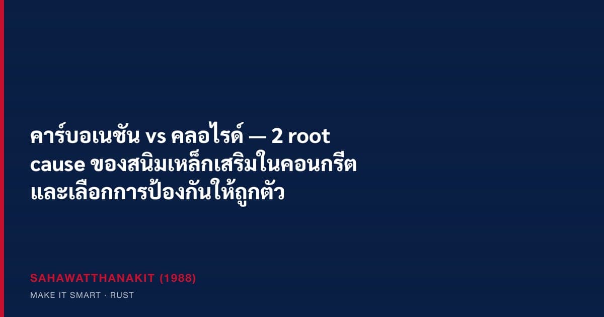 เหล็กเสริมเป็นสนิมดันคอนกรีตแตกร้าว (spalling) — ผลของ carbonation หรือ chloride attack